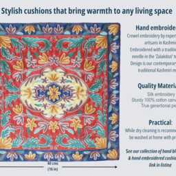 Stunning Hand Embroidered Silk Cushion Cover, Kashmiri Aari Crewel Embroidery, 40 X cm 16 in Vintage Style - thumbnail 4