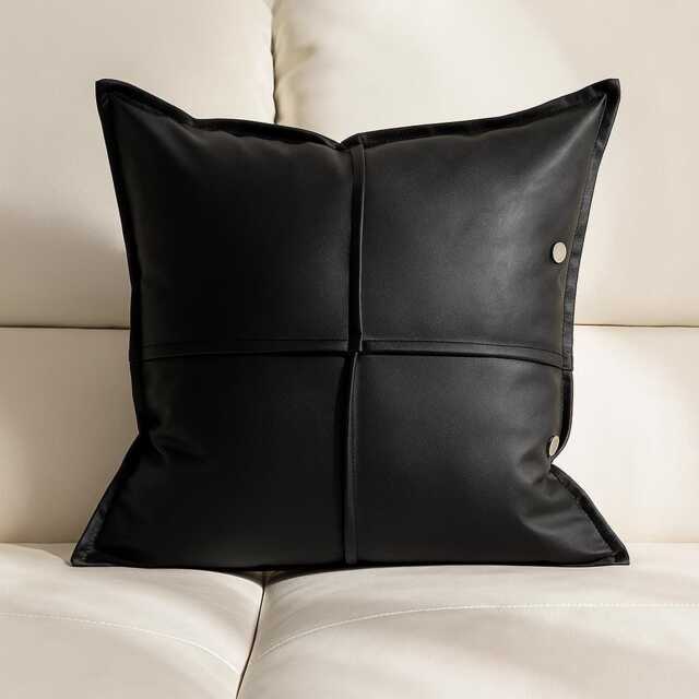 Black Faux Leather Cushion Cover 45 X cm - Modern Square Decorative Pillow Case With Button Detail - image 1