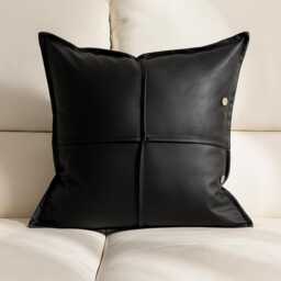 Black Faux Leather Cushion Cover 45 X cm - Modern Square Decorative Pillow Case With Button Detail - thumbnail 1