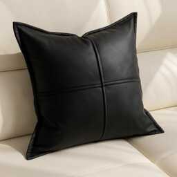 Black Faux Leather Cushion Cover 45 X cm - Modern Square Decorative Pillow Case With Button Detail - thumbnail 2