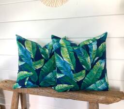 Two Outdoor Pillow Covers, Cushion, Decorative Throw Pillow, Tropical Accent Navy Blue Green - thumbnail 1