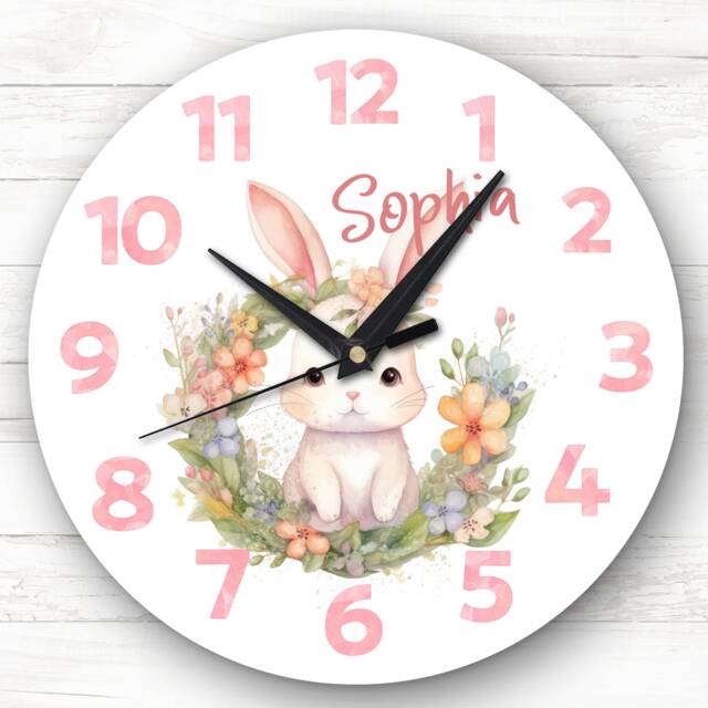 Watercolour Floral Rabbit Girls Baby Nursery Room Custom Gift Personalised Clock - image 1