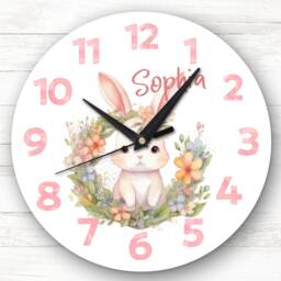 Watercolour Floral Rabbit Girls Baby Nursery Room Custom Gift Personalised Clock - thumbnail 1