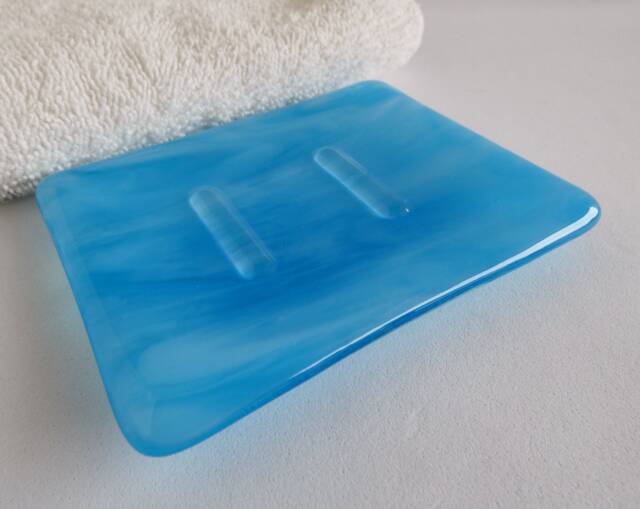streaky Turquoise & White Fused Glass Soap Dish By Bprdesigns - image 1