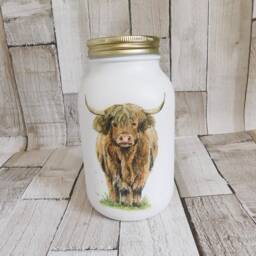 Highland Cow Decoupage Kilner Jar Painted Vase, Table Centerpiece - thumbnail 2