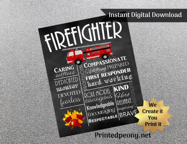 Firefighter Wall Art Chalkboard Gift For Volunteer Firemen Decor Subway Printable Instant Download Fireman - image 1