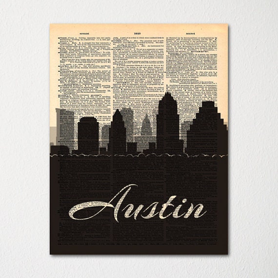 Austin Texas City Skyline Dictionary Art Print/Cityscape Poster Travel Decor