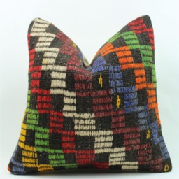 Vintage Kilim Pillow Cover Hand-Spun Wool, Turkish Cotton - 16x16 Inch - thumbnail 2