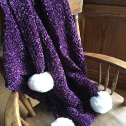 Super Soft Baby Blanket With Faux Fur Pom Poms/ Knit in Velveteen Yarn - thumbnail 4