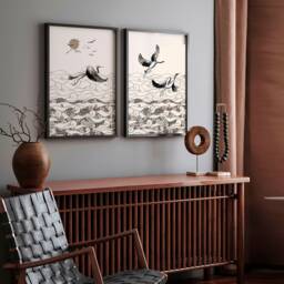 Trendy Japanese Cranes Set Of 2 Framed Wall Art Prints For Living Room Decor, Japandi Extra Large Designer Gallery Hanging New Home - thumbnail 1