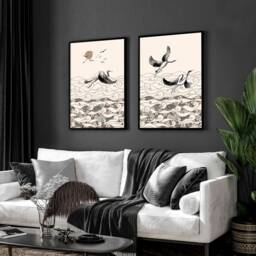 Trendy Japanese Cranes Set Of 2 Framed Wall Art Prints For Living Room Decor, Japandi Extra Large Designer Gallery Hanging New Home - thumbnail 2