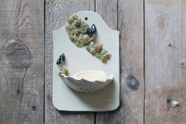 Dish Soap in White With Blue Mushrooms & Moss - Wall Mounted Stoneware - image 1