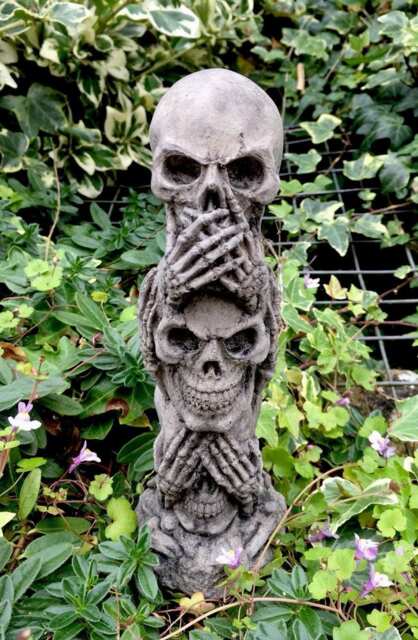 stone Skull Tower See, Hear, Speak No Evil Gothic Medieval Garden Ornament - image 1