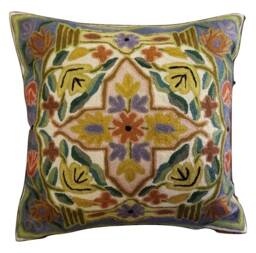 "Handmade Wool Embroidered Floral Cushion Cover - 16""x16"