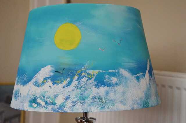 Coastal Cottage Table Or Bedside Lampshade With Hand Painted Ocean Waves Clouds & Sun 35 cm Cotton Tapered Drum Turquoise - image 1