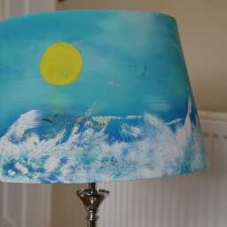 Coastal Cottage Table Or Bedside Lampshade With Hand Painted Ocean Waves Clouds & Sun 35 cm Cotton Tapered Drum Turquoise - thumbnail 2
