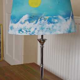 Coastal Cottage Table Or Bedside Lampshade With Hand Painted Ocean Waves Clouds & Sun 35 cm Cotton Tapered Drum Turquoise - thumbnail 3