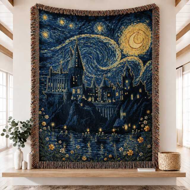 Wizard School Woven Blanket, Fantasy Movie Book Starry Night Castle Magical Blanket - image 1