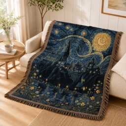 Wizard School Woven Blanket, Fantasy Movie Book Starry Night Castle Magical Blanket - thumbnail 3