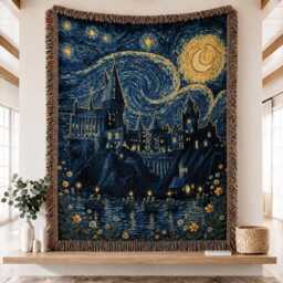 Wizard School Woven Blanket, Fantasy Movie Book Starry Night Castle Magical Blanket - thumbnail 1