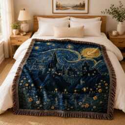 Wizard School Woven Blanket, Fantasy Movie Book Starry Night Castle Magical Blanket - thumbnail 2