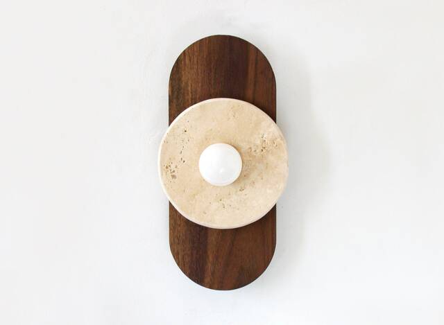 Oval Walnut & Round Travertine Stone Sconce Light Vanity Wall Kitchen Foyer Lamp - image 1