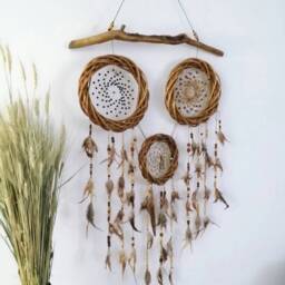 Rustic Dream Catcher Wall Hanging Wood Root & Feather Boho Decor - thumbnail 3