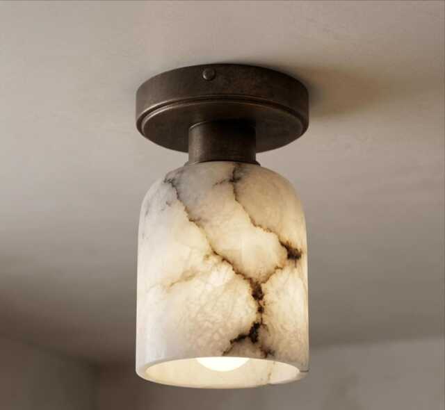 Alabaster Ceiling Light Flush Mount, Natural Stone Shade Fixture, Brass Finish Lamp, Modern Minimalist Lighting - image 1