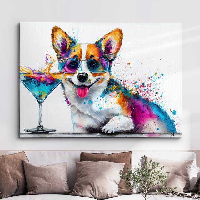Corgi Toasting Drink Dog Pet Abstract Modern Painting Wall Art, Framed Canvas Poster Print, Home Kitchen Office Room Decor, Gifts - image 1