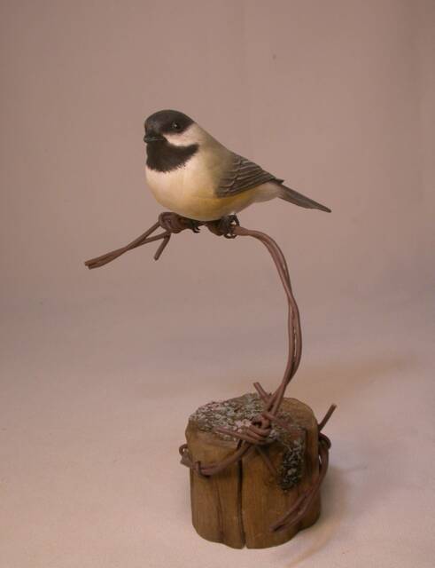 Black-Capped Chickadee On Barbed Wire Hand Carved Wooden Bird - image 1