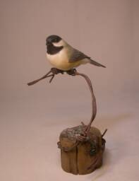 Black-Capped Chickadee On Barbed Wire Hand Carved Wooden Bird - thumbnail 1
