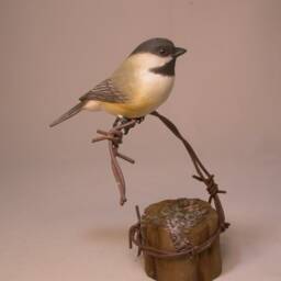 Black-Capped Chickadee On Barbed Wire Hand Carved Wooden Bird - thumbnail 2