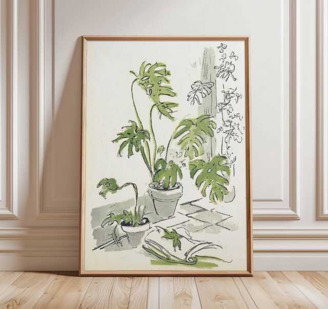 Monstera Wall Art, Botanical Line Drawing Poster, Green Plant Print, Minimalist Jungle Decor, Modern Indoor Houseplant Artwork - image 1
