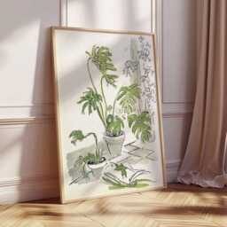 Monstera Wall Art, Botanical Line Drawing Poster, Green Plant Print, Minimalist Jungle Decor, Modern Indoor Houseplant Artwork - thumbnail 2