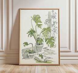 Monstera Wall Art, Botanical Line Drawing Poster, Green Plant Print, Minimalist Jungle Decor, Modern Indoor Houseplant Artwork - thumbnail 1