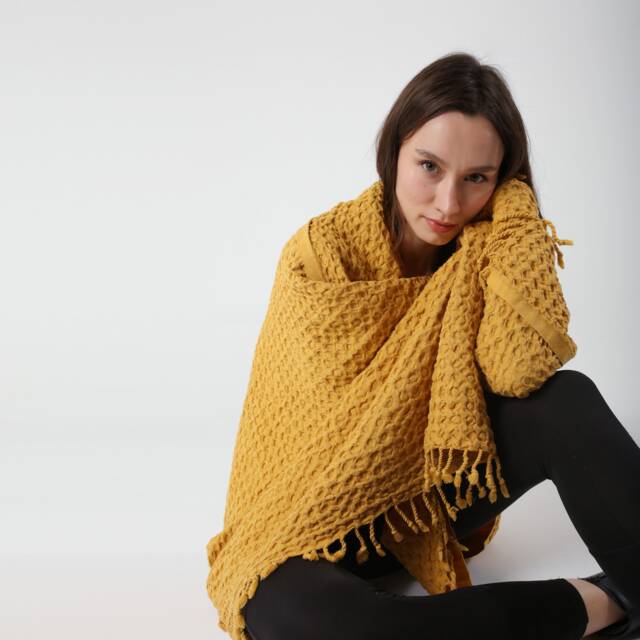 Yellow Big Waffle Summer Throw Blanket, Patio Outdoor Throw, Soft Picnic Cotton Tv Cozy Couch Blanket - image 1