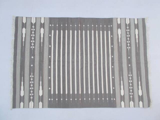 Multiple Sizes Grey & White Stripes Handmade Cotton Rug Dhurrie - Colour - image 1