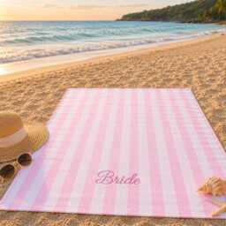 Bride Beach Towel, Personalised Bachelorette Pink Stripe Bridal Shower Gift, Honeymoon Squad - thumbnail 3