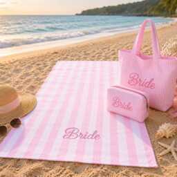Bride Beach Towel, Personalised Bachelorette Pink Stripe Bridal Shower Gift, Honeymoon Squad - thumbnail 4