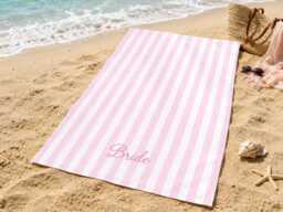 Bride Beach Towel, Personalised Bachelorette Pink Stripe Bridal Shower Gift, Honeymoon Squad - thumbnail 1