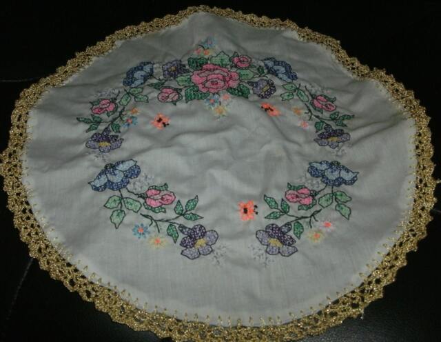 Hand Embroidered Dresser Scarves, Crocheted Lace Edging, Set Of Two - 15 Inches Each - image 1