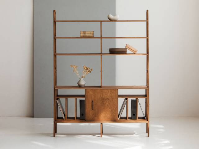 Mid Century Bookcase, Minimalist Record Player Stand With Vinyl Storage, Wooden Bookcase 143 cm, Custom Size - image 1