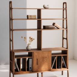 Mid Century Bookcase, Minimalist Record Player Stand With Vinyl Storage, Wooden Bookcase 143 cm, Custom Size - thumbnail 2