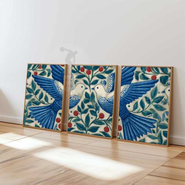 Blue Bird Wall Art Set Of 3 - Mediterranean Olive Branch Prints Peaceful Dove Artwork Elegant Botanical Decor For Living Room Or Bedroom - image 1