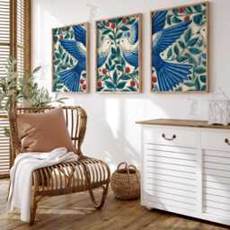 Blue Bird Wall Art Set Of 3 - Mediterranean Olive Branch Prints Peaceful Dove Artwork Elegant Botanical Decor For Living Room Or Bedroom - thumbnail 3