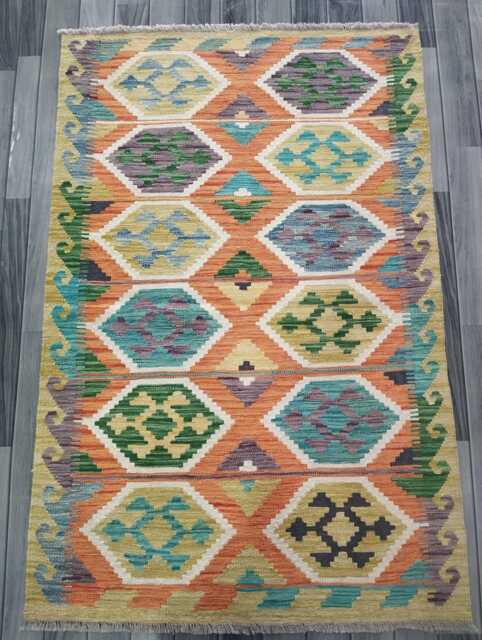 Handmade Wool Kilim Rug, Tribal Geometric Design, Multicolour Artisan Afghan Flatweave 150x100 cm - image 1