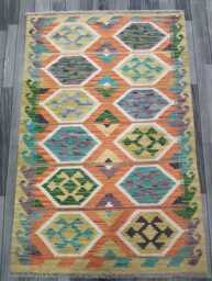 Handmade Wool Kilim Rug, Tribal Geometric Design, Multicolour Artisan Afghan Flatweave 150x100 cm - thumbnail 1