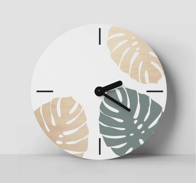 Monstera Leaf Wooden Wall Clock Modern Scandi Gray-Green Decor - image 1