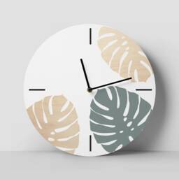 Monstera Leaf Wooden Wall Clock Modern Scandi Gray-Green Decor - thumbnail 2