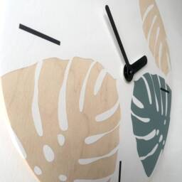 Monstera Leaf Wooden Wall Clock Modern Scandi Gray-Green Decor - thumbnail 3